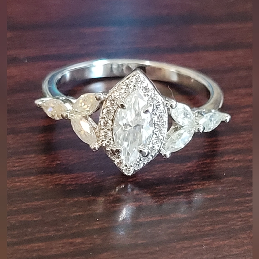 White Gold Marquise Halo Engagement Ring with Leaf Accent